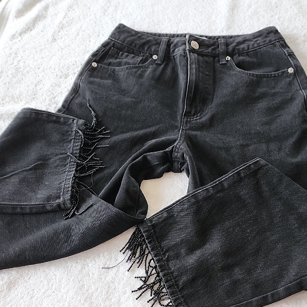Forever 21 Womens Black Jeans Waist 24 With Bead Fringe Legs